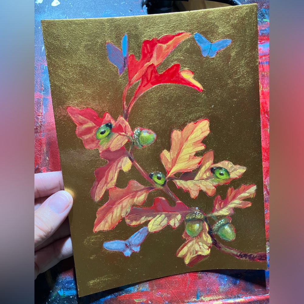 Original Butterfly painting oak acorn art nature gold surreal nouveau Artwork US - Picture 6 of 10
